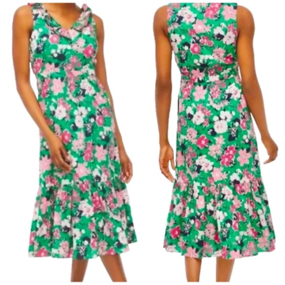 J CREW FACTORY DRESS 8 FLORAL V NECK RUFFLE MIDI EASTER SUMMER PARTY FEMININE - Picture 1 of 11